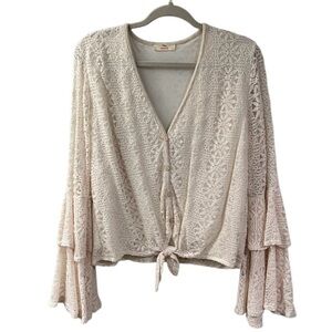 Hummingbird Floral Crochet Lace Bell Sleeve Tie Front Top